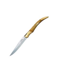 Handmade Celaya knife with bull horn handles and brass ferrule.