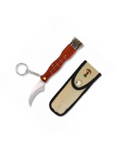 Mushroom knife with beige sheath, brush, tweezers, wooden handle and 7.2 cm blade.